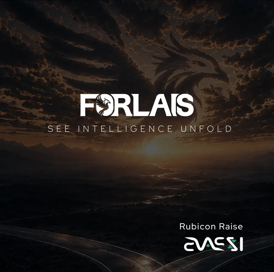 Rubicon Raise announcement card: the Forlais wordmark and the line See intelligence unfold, above a valley at dawn.