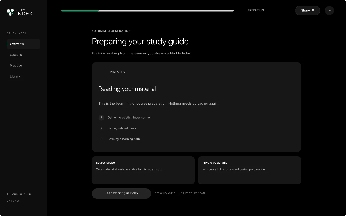Index preparing a study guide from the sources already in Index: reading the material, finding related ideas and forming a learning path
