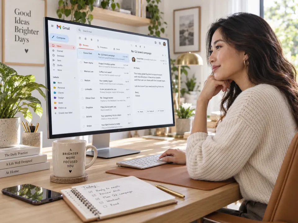 A woman smiling at a Gmail message about a brand campaign