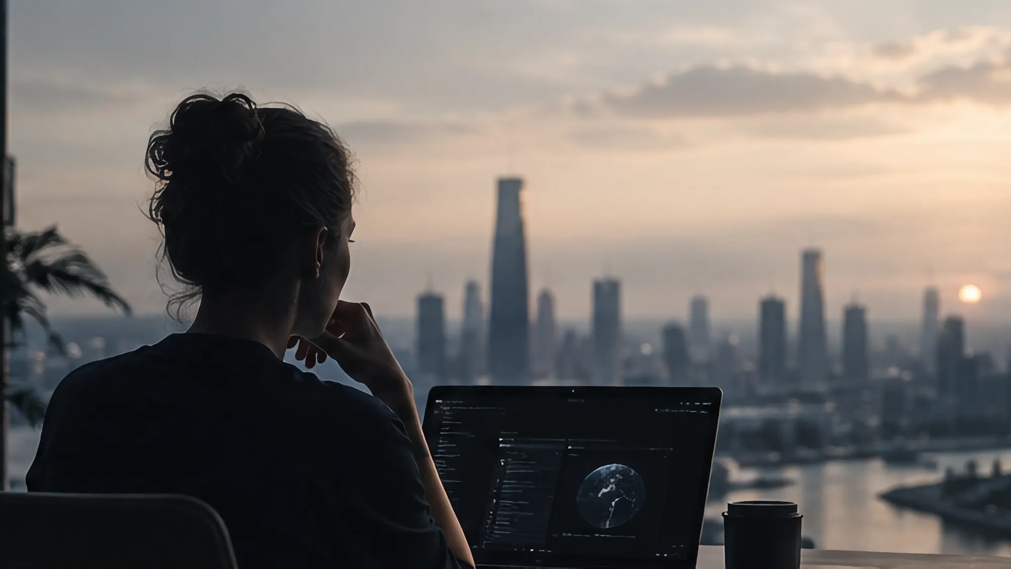 A person sits at a laptop next to a large window, overlooking a city skyline and river at sunset.