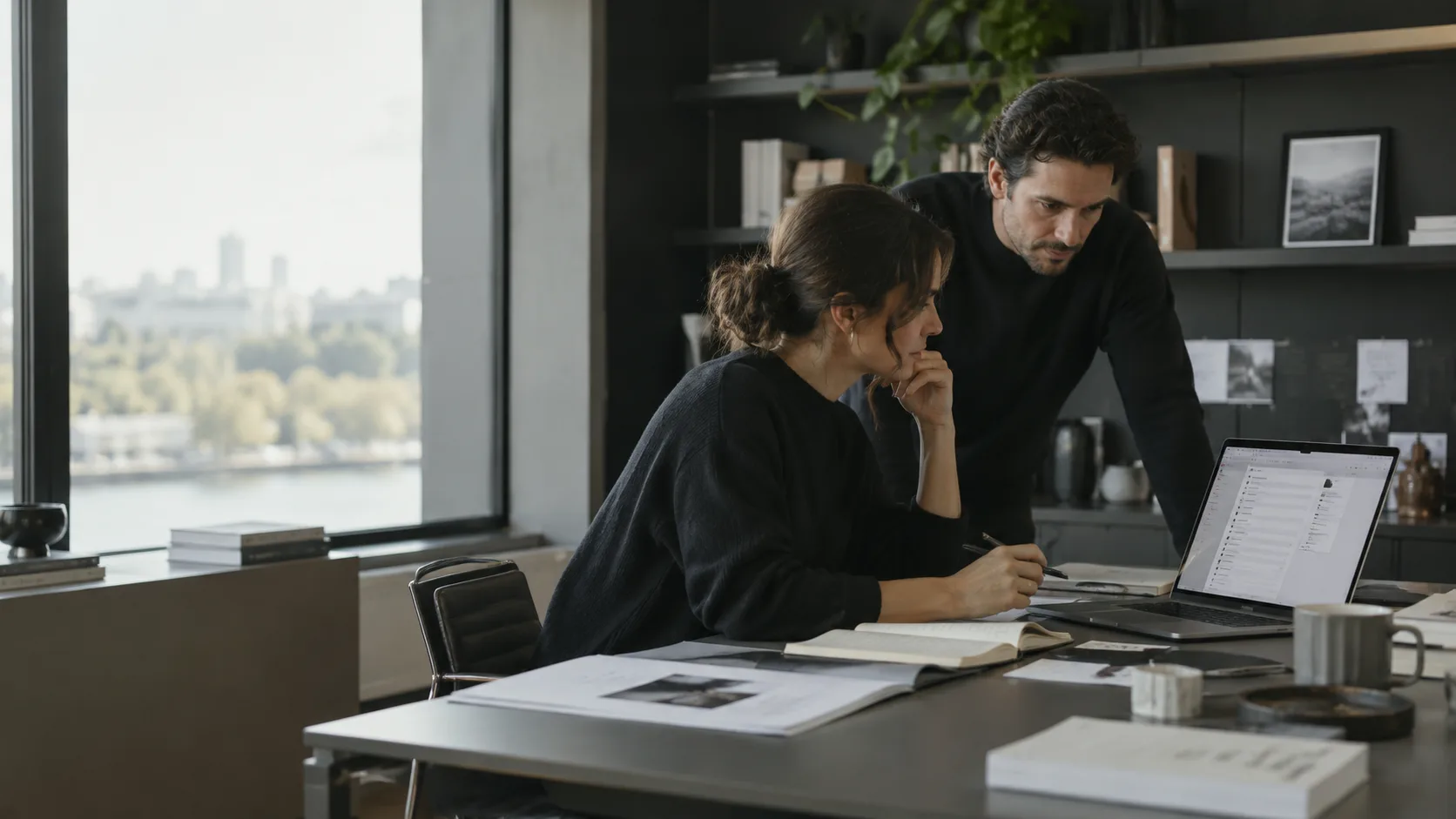 Two colleagues at a desk going through the record of their work on a laptop, in an office above a river.