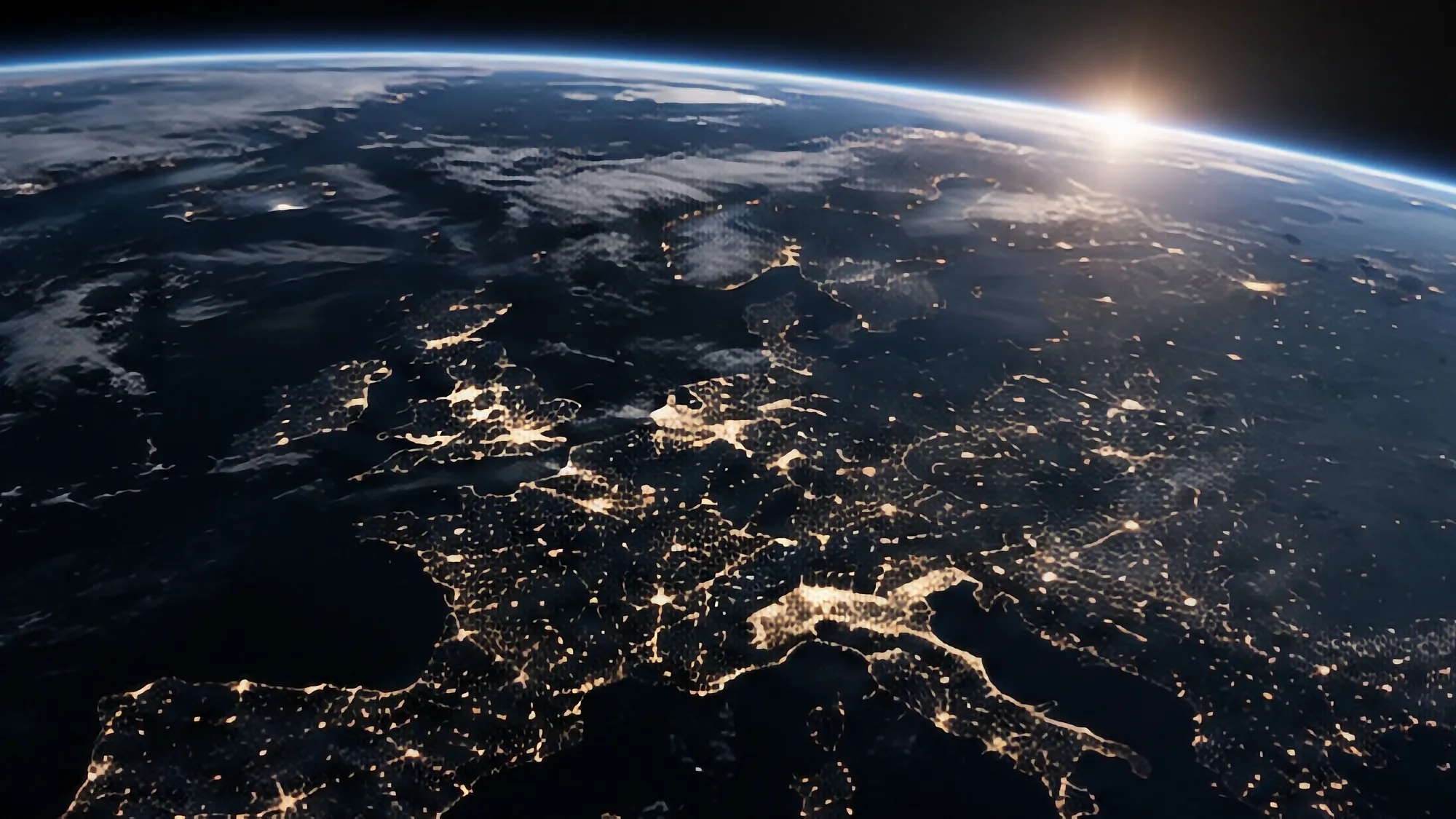 Earth from space, showing city lights across Europe and sunlight emerging over the curved horizon.