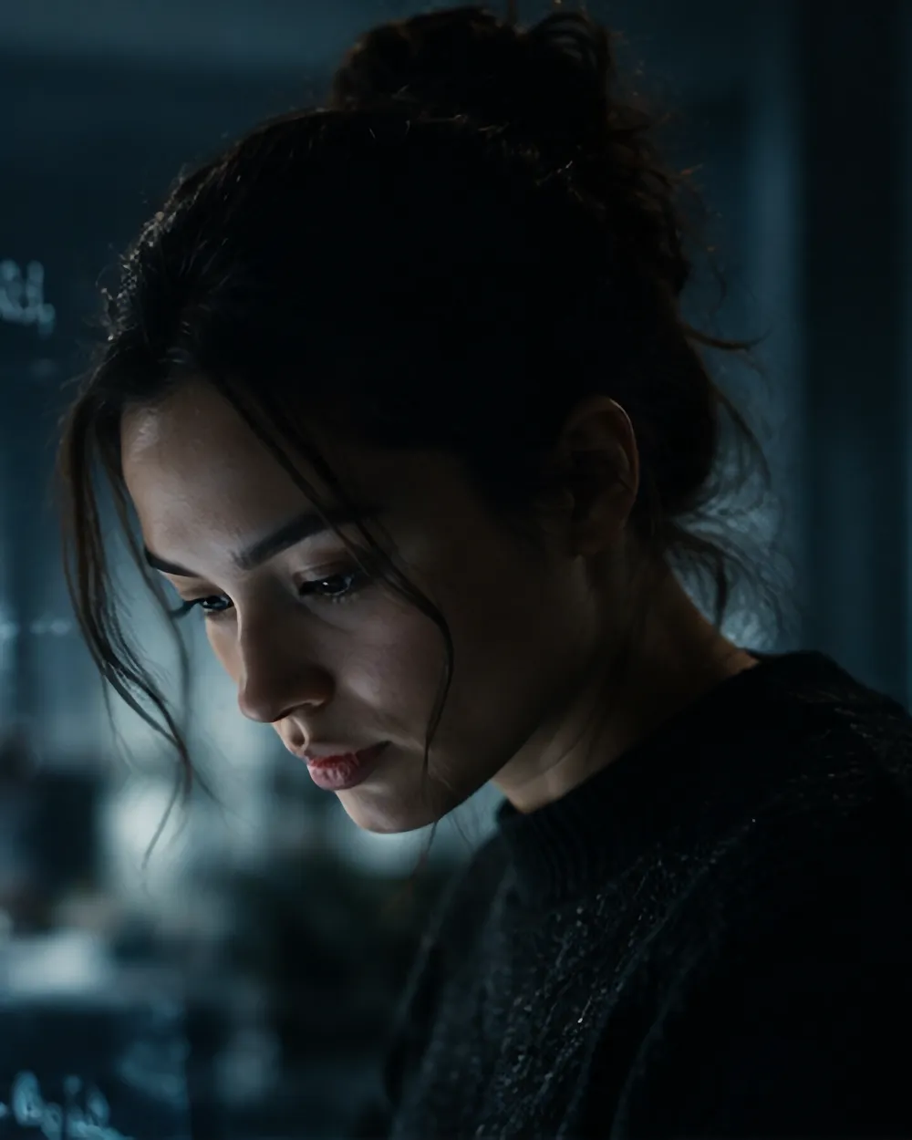 A close-up of a woman with her hair in a bun, looking down in a dimly lit room.