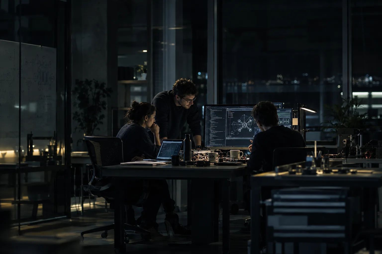 Three colleagues work late around screens showing network diagrams in a dark office, with city lights beyond the windows.