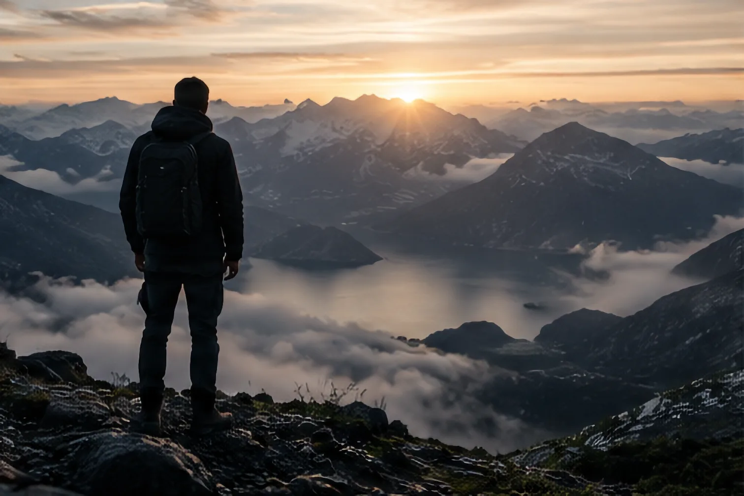 A hiker with a backpack stands on a rocky ridge, looking out over a mountain lake and cloud-filled valleys at sunrise.