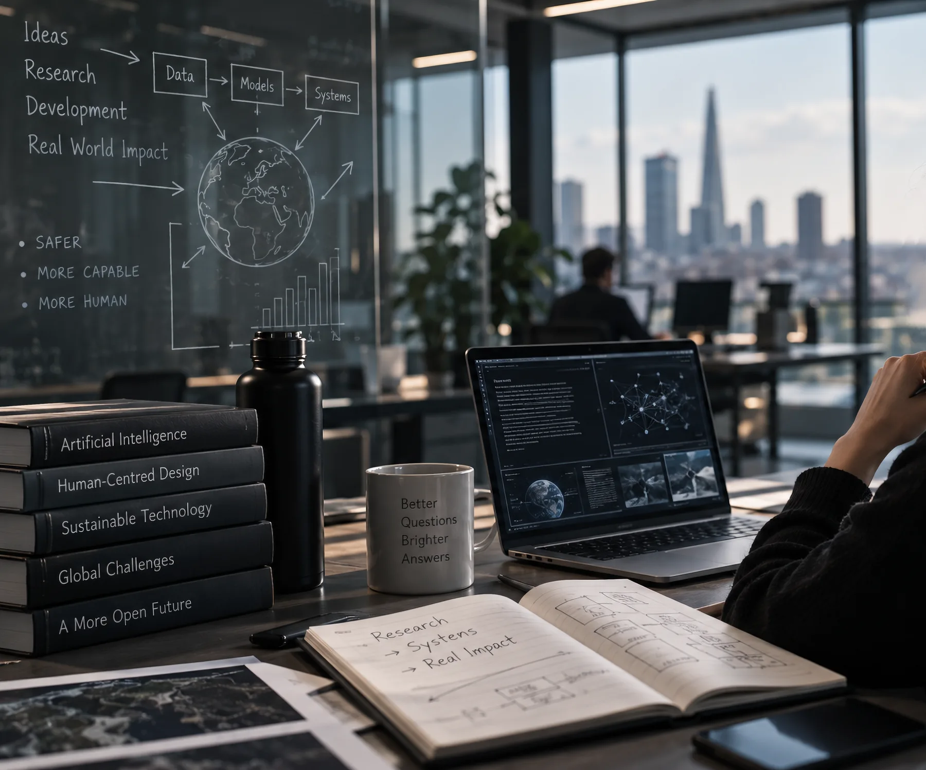 A desk of books, a notebook and a laptop before a glass wall chalked with a diagram from ideas and research to real-world impact, a city skyline beyond.