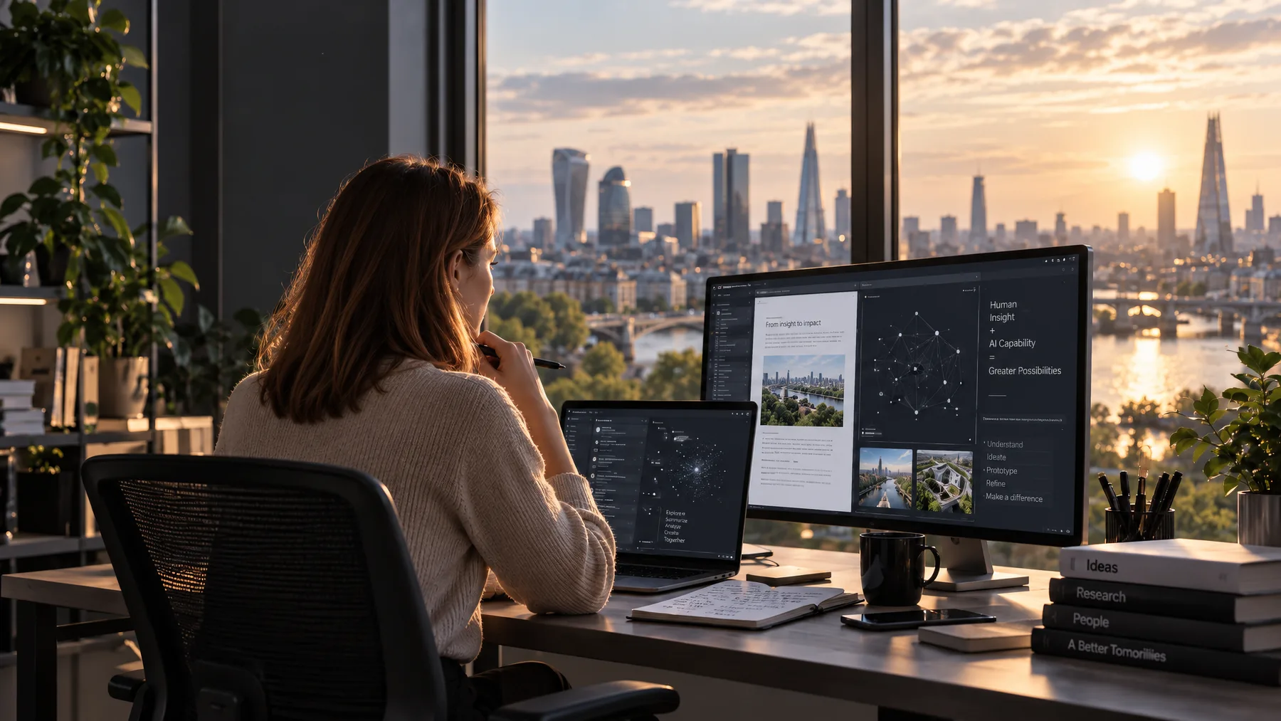 A woman works at a desk with a laptop and a large monitor of research notes, beside a window overlooking a city skyline at sunset.
