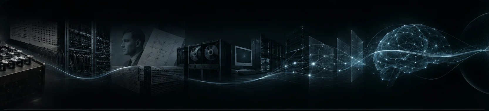 A timeline from early computing machines and Alan Turing, through mainframes and the first personal computers, to a network of light in the shape of a brain.